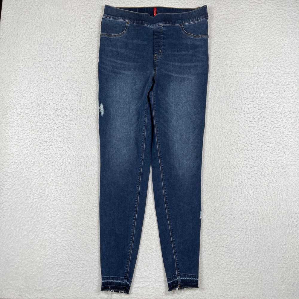 Spanx Ankle Skinny Jeans Womens XL Tall Blue Distressed Raw Hem Shaping 20203T